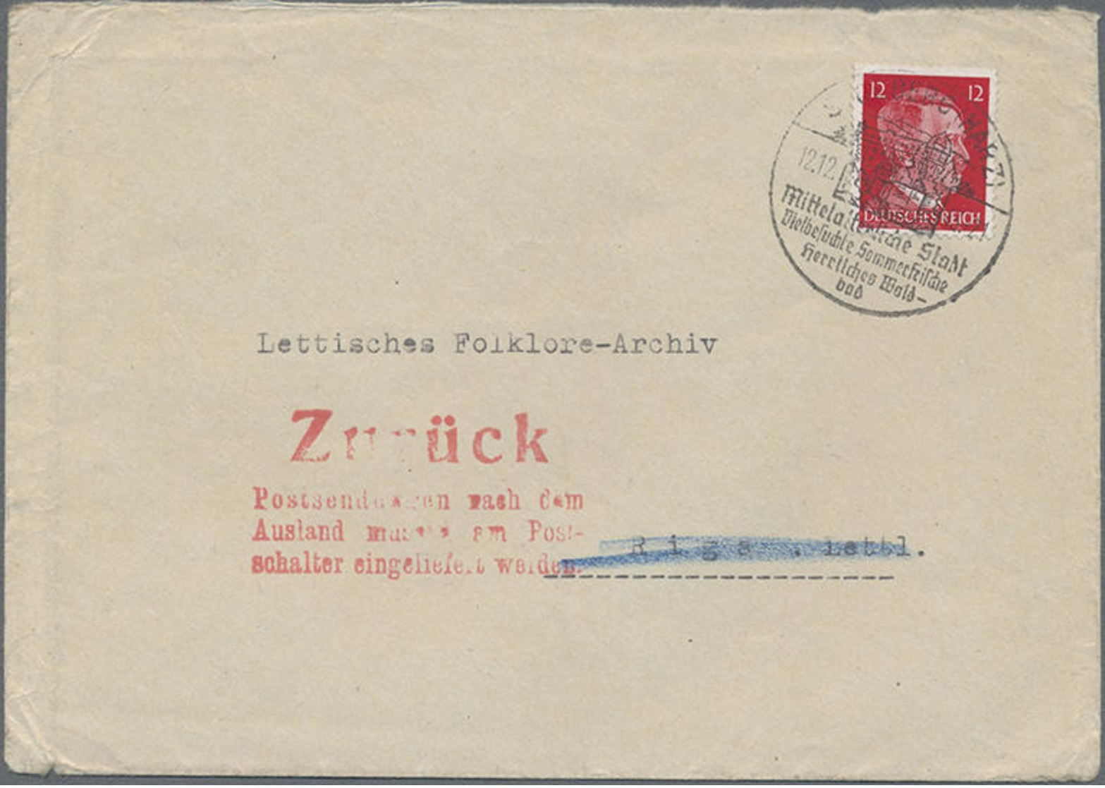 1943, Dt.Reich, 12 Pf Hitler EF Auf Brief Aus Der Postkastenleerung Von STOLBERG (HARZ), 12.12.43, Nach Riga In Lettland - Autres & Non Classés