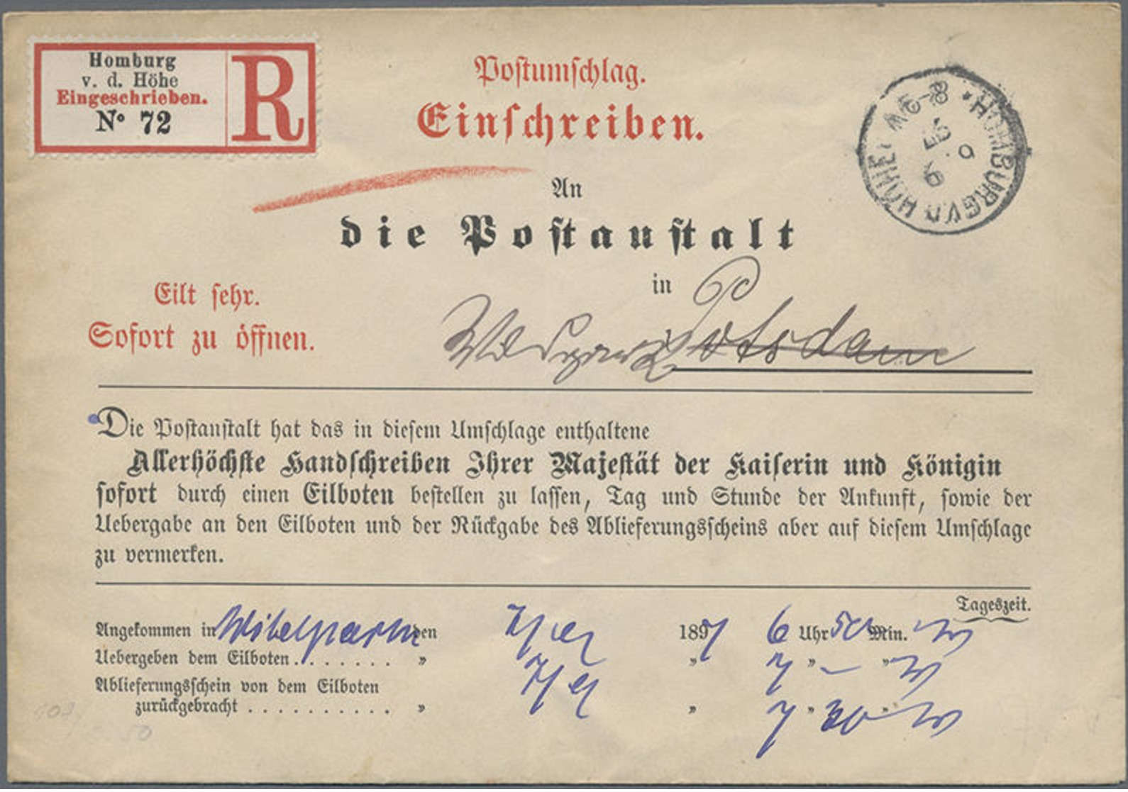 1897, Vorgedruckter Amtlicher R-Postumschlag An Die Postanstalt In Potsdam Mit Inhalt Allerhöchste Handschreiben Ihrer M - Sonstige & Ohne Zuordnung