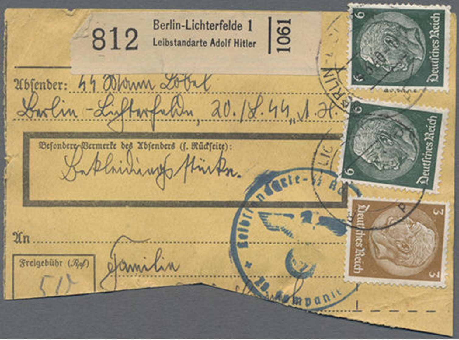 1940, Paketkartenabschnitt Mit Paketnummernzettel Berlin-Lichterfelde 1 Leibstandarte Adolf Hitler" Mit Hindenburg-Frank - Andere & Zonder Classificatie