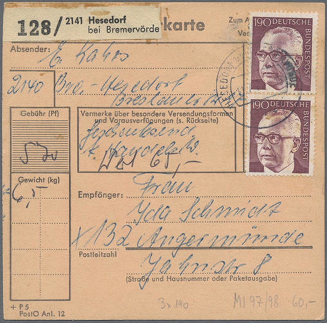 1973, 110 Und 190 Pf. Heinemann Je Als 3fach-Frankatur, Teils Rs.,auf 2 Paketkartenabschnitten - Other & Unclassified