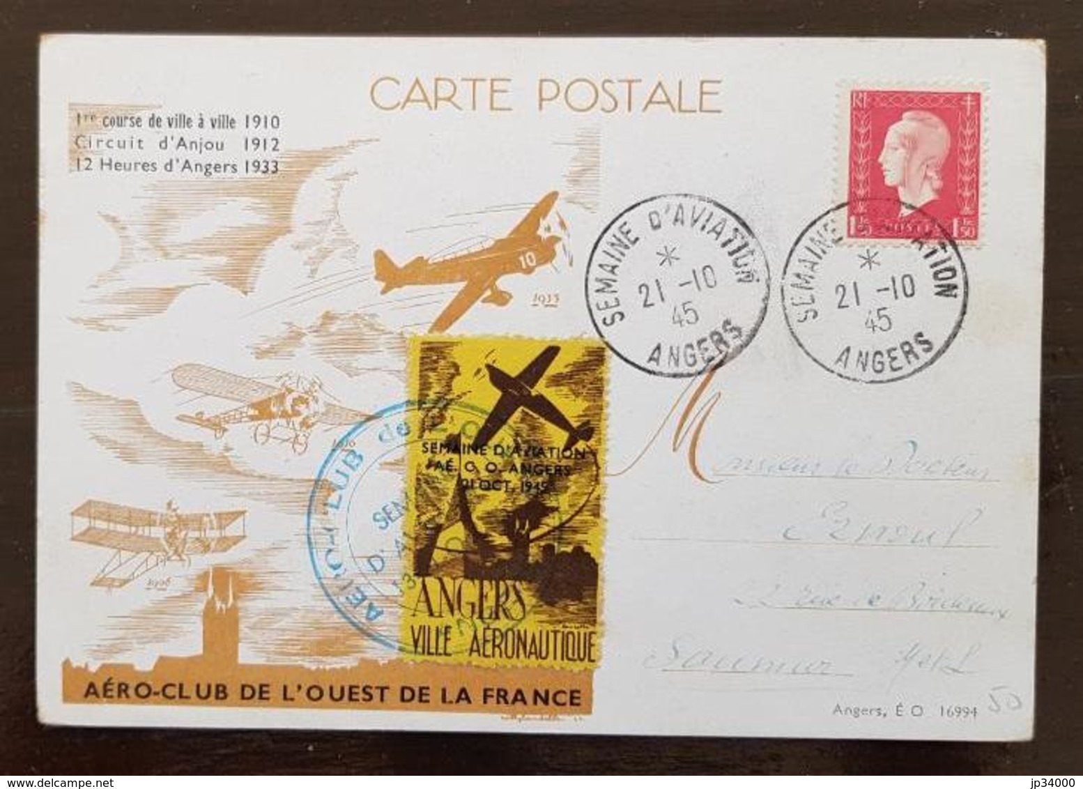 FRANCE  Semaine D'aviation ANGERS VILLE AERONAUTIQUE 21/10/1945  Vignette De L'AERO-CLUB De L'OUEST DE LA FRANCE . RARE - 1960-.... Lettres & Documents