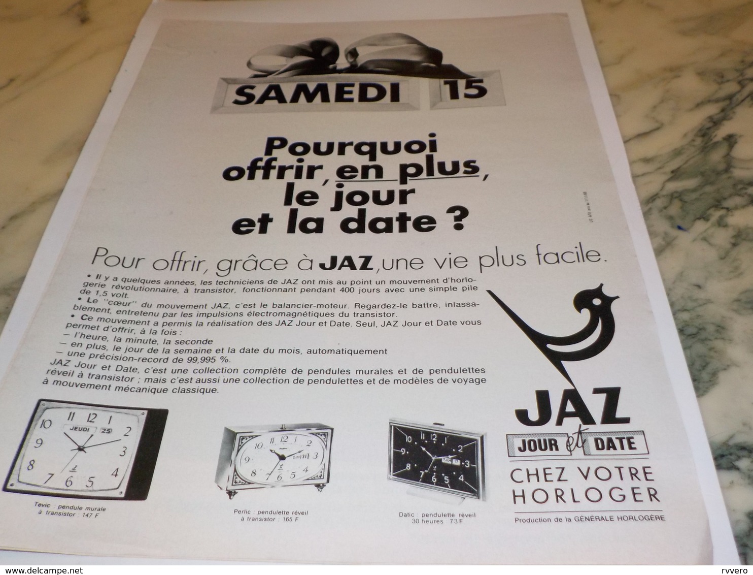 ANCIENNE PUBLICITE EN PLUS JOUR ET DATE REVEIL  JAZ 1969 - Autres & Non Classés