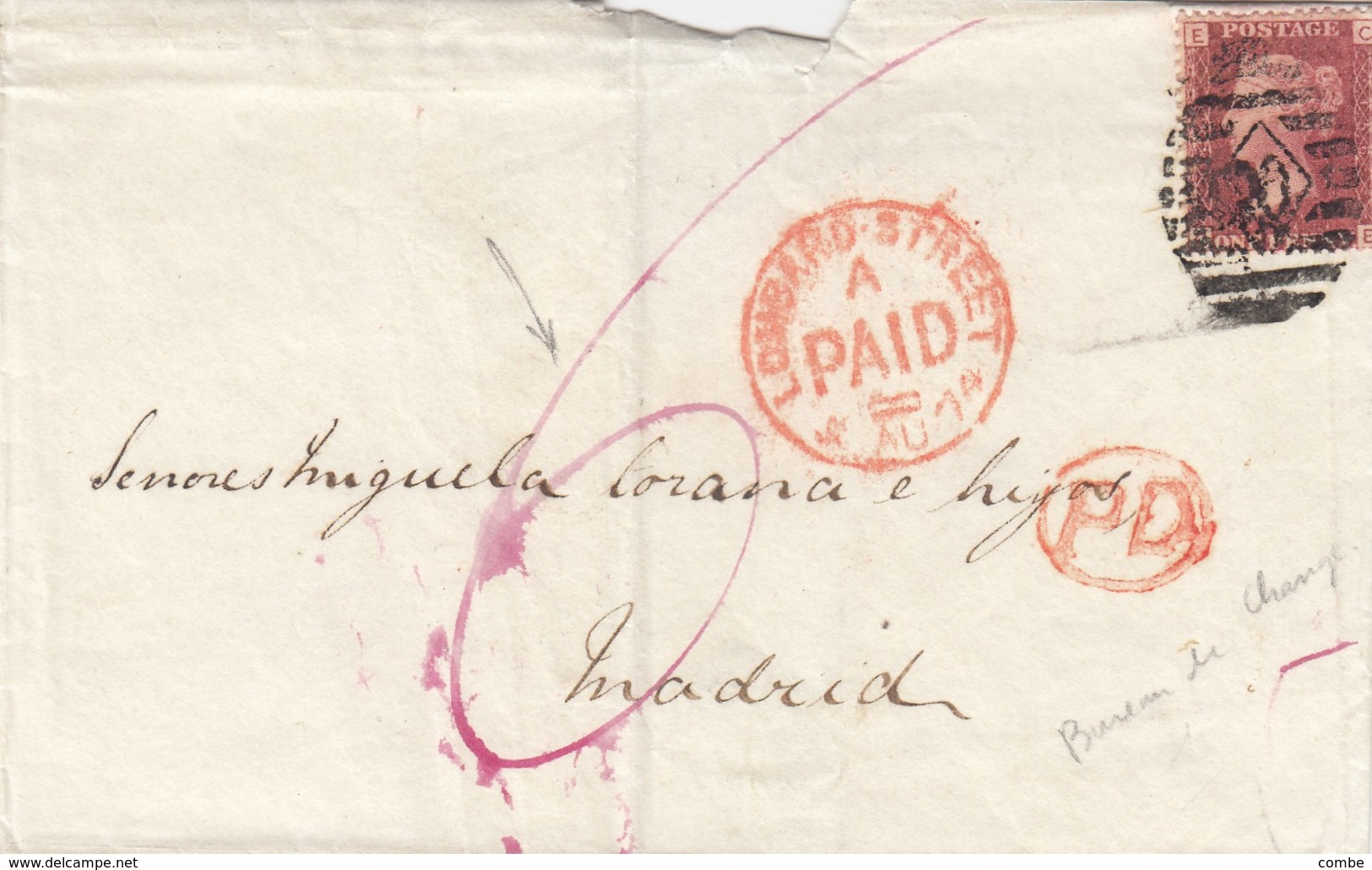 LETTRE. 5 AOUT 1874. ONE PENNY ROUGE. PAID LOMBARD STREET. PD POUR MADID ESPAGNE. ESTAFETA DE CAMBIO. TAXE 6 ROUGE - Covers & Documents