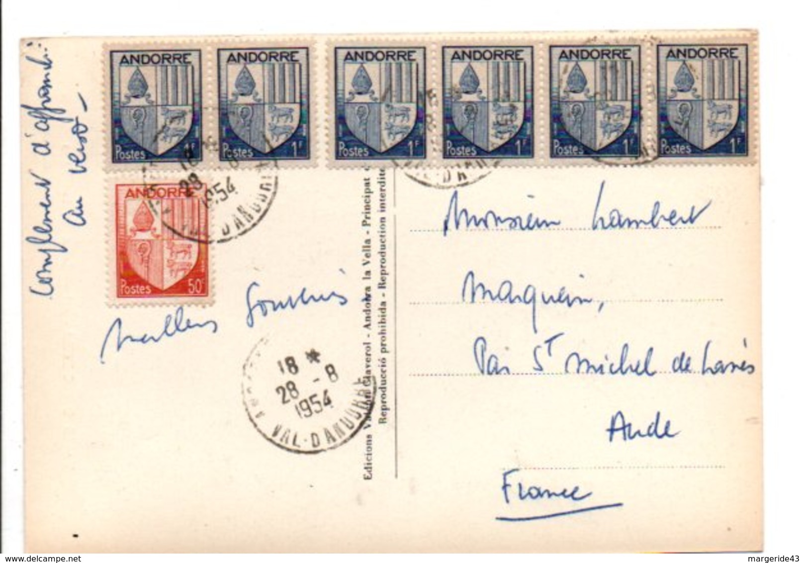 ANDORRE AFFRANCHISSEMENT COMPOSE DE BLASONS SUR CARTE POUR LA FRANCE 1954 - Lettres & Documents