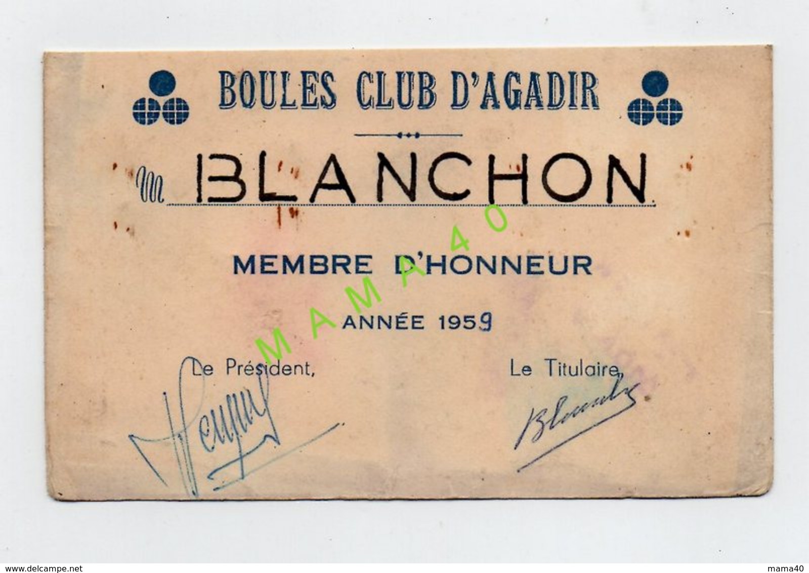 MAROC - AGADIR - PETANQUE - BOULES CLUB D'AGADIR - CARTE DE MEMBRE D'HONNEUR DE 1959 - Petanque