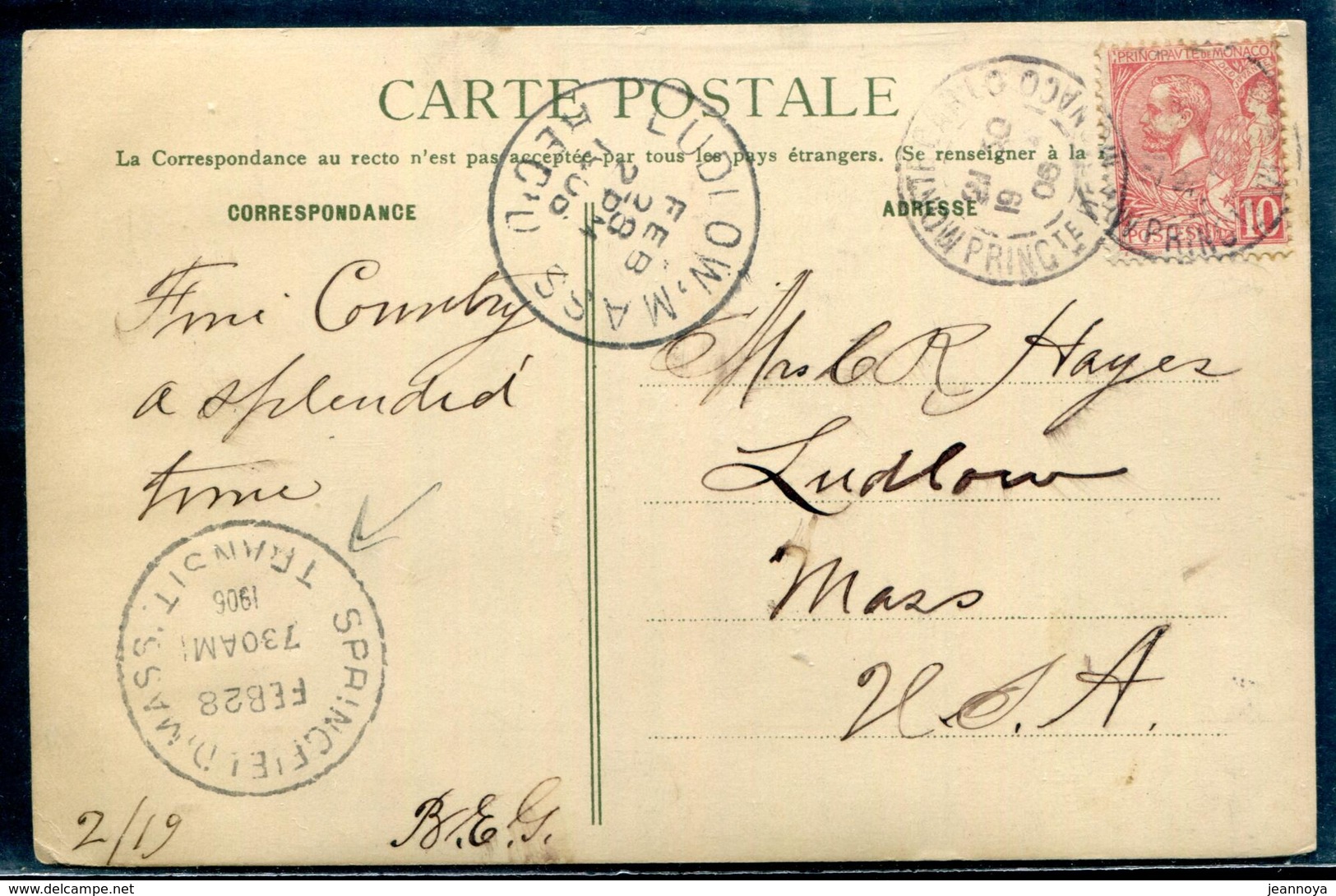 MONACO - N° 23 / CP DU 19/2/1906 POUR LUDLOW , USA - TB - Lettres & Documents