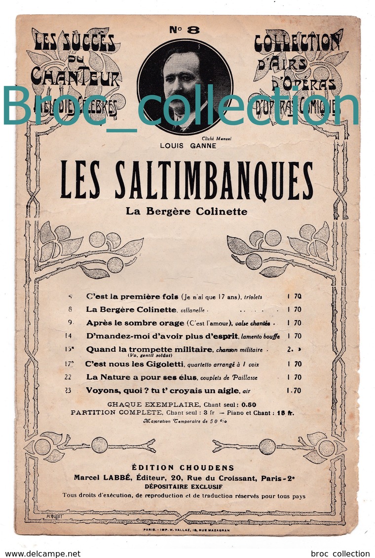 Les Saltimbanques, La Bergère Colinette, Louis Ganne, Maurice Ordonneau, Partition Chant - Chant Soliste