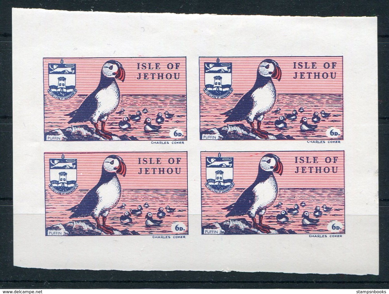 1961 Jethou Europa Puffin 6d Imperf Block Of 4 Error (no Overprint/marginal). U/m (v. Minor Gum Disturbance Along Top) - Local Issues