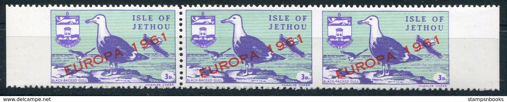 1961 Jethou Europa 3d Black Racked Gull Bird, Strip Of 3 With Missing Perfs (imperf) Between 2, Unmounted Mint - Local Issues