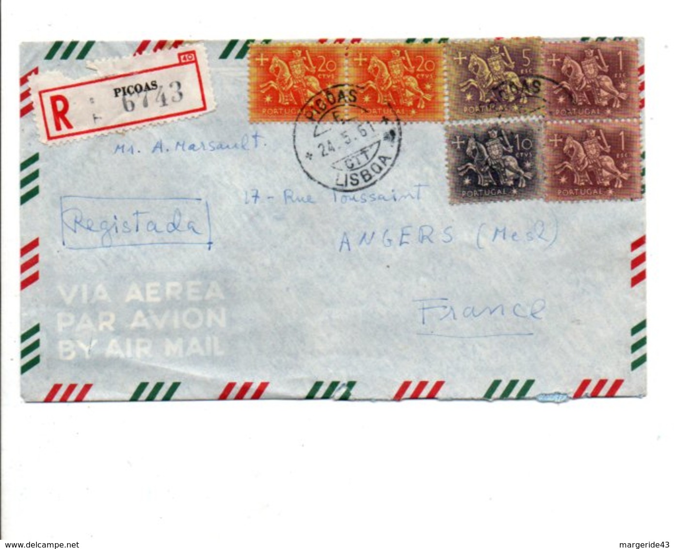 PORTUGAL LETTRE AVION RECOMMANDEE DE PICOAS POUR LA FRANCE 1961 - Lettres & Documents