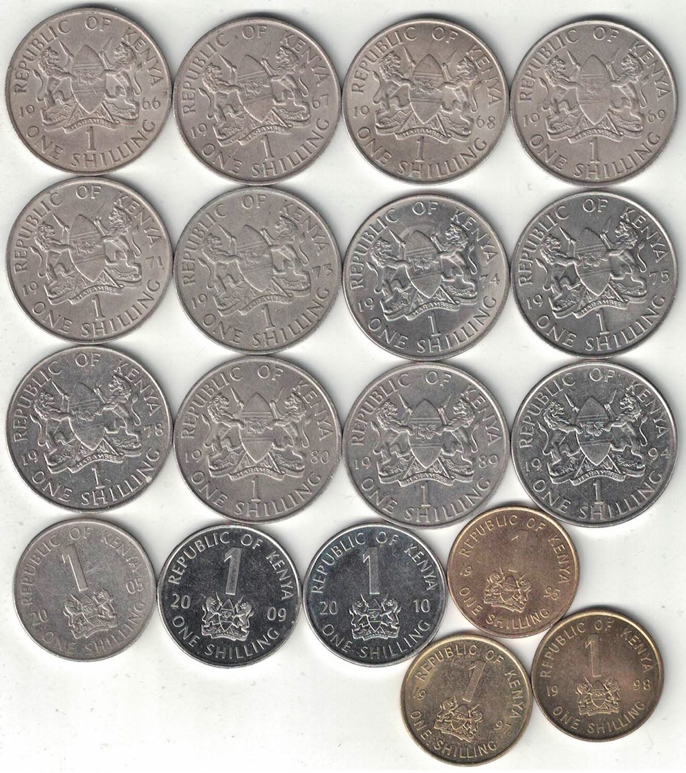 Kenya Collection Of 18x 1 Shilling Coins 1966-2010 All Listed & Different - Kenya