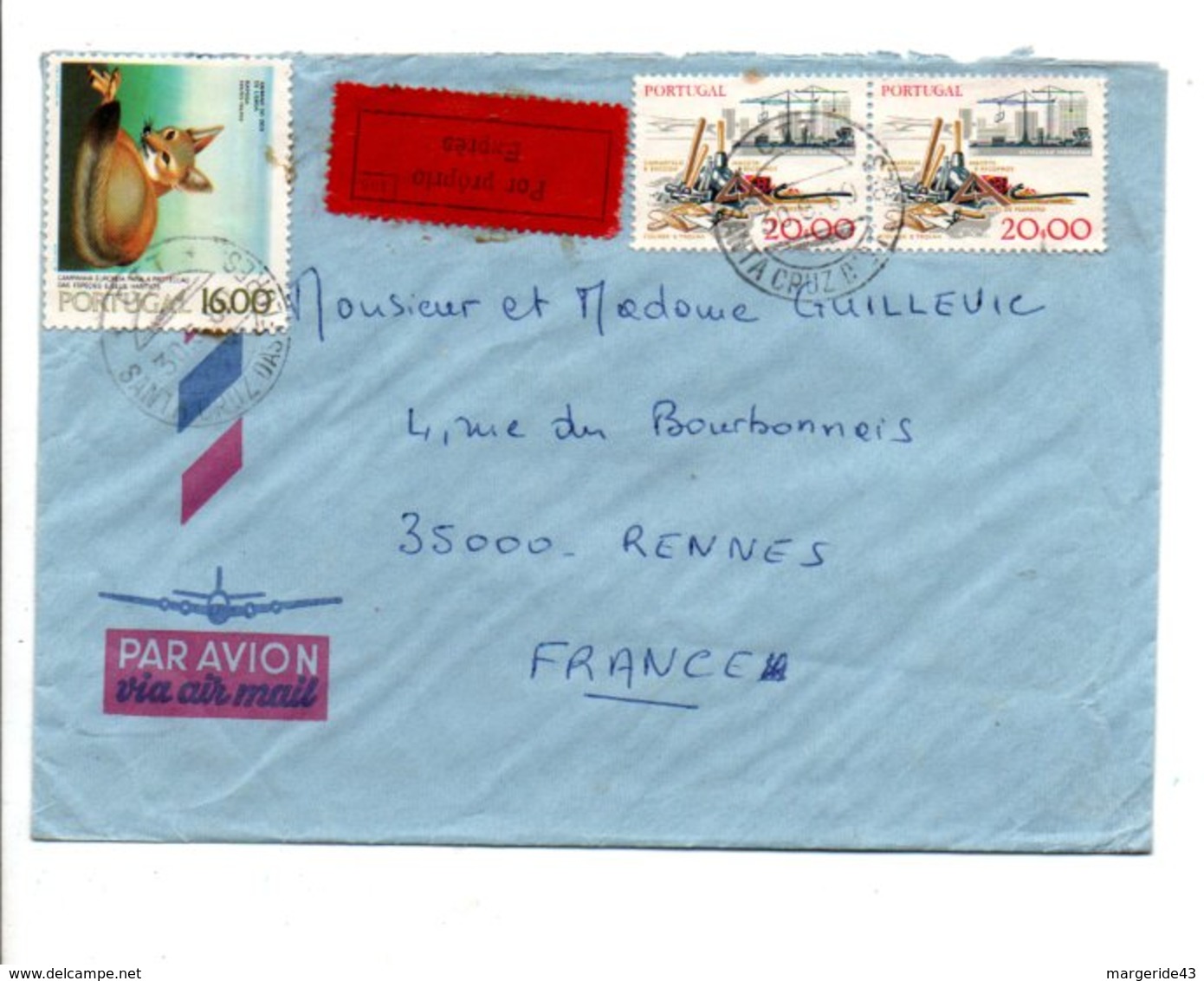 PORTUGAL LETTRE  AVION DE SANTA CRUZ ACORES POUR LA FRANCE 1980 - Lettres & Documents