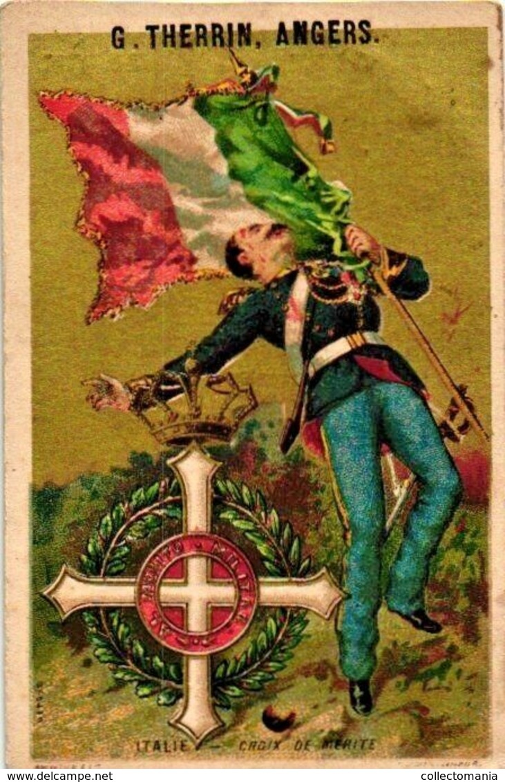 2 Litho Trade Cards, Military Order DECORATION C1880  THERRIN, ANGERS, SPAIN ITALY Medals Medailles DECORATION RIBBON - España