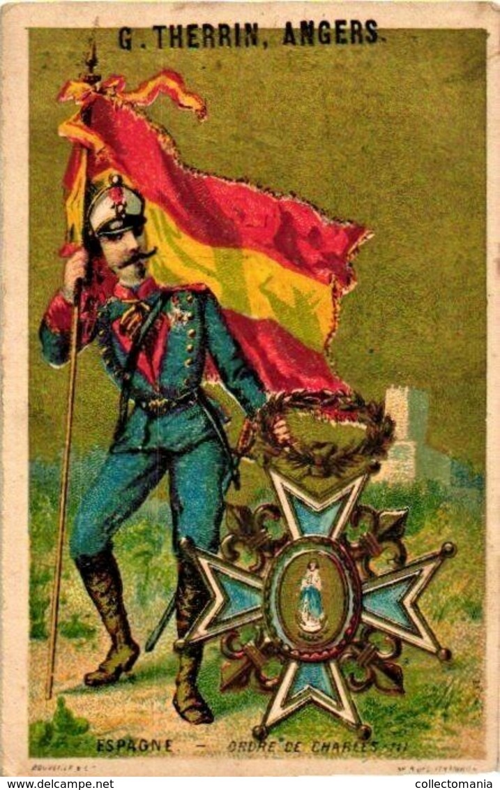 2 Litho Trade Cards, Military Order DECORATION C1880  THERRIN, ANGERS, SPAIN ITALY Medals Medailles DECORATION RIBBON - Spain