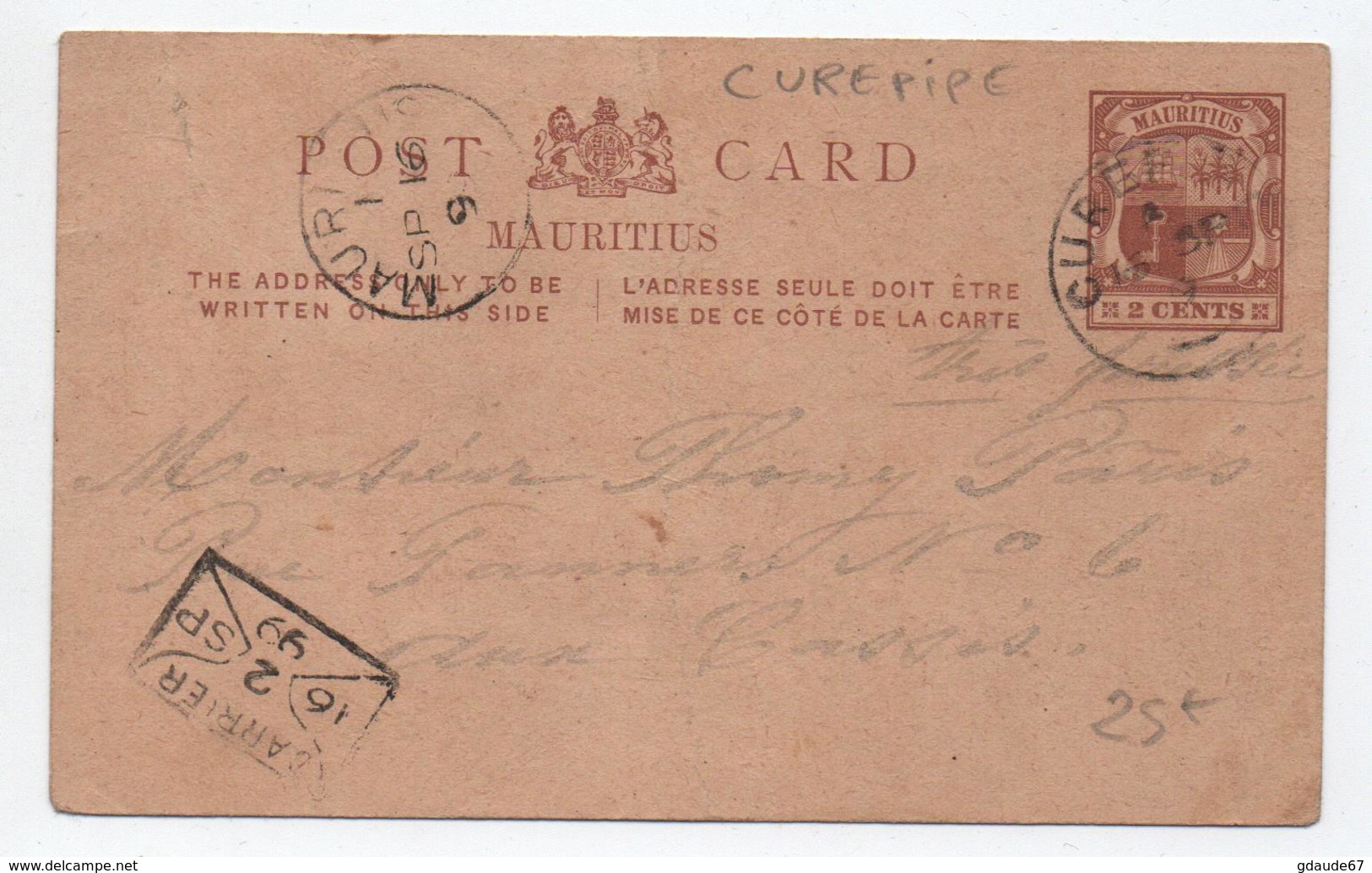 1899 - ENTIER POSTAL MAURITUS De CUREPIPE (ILE MAURICE) - Mauricio (...-1967)