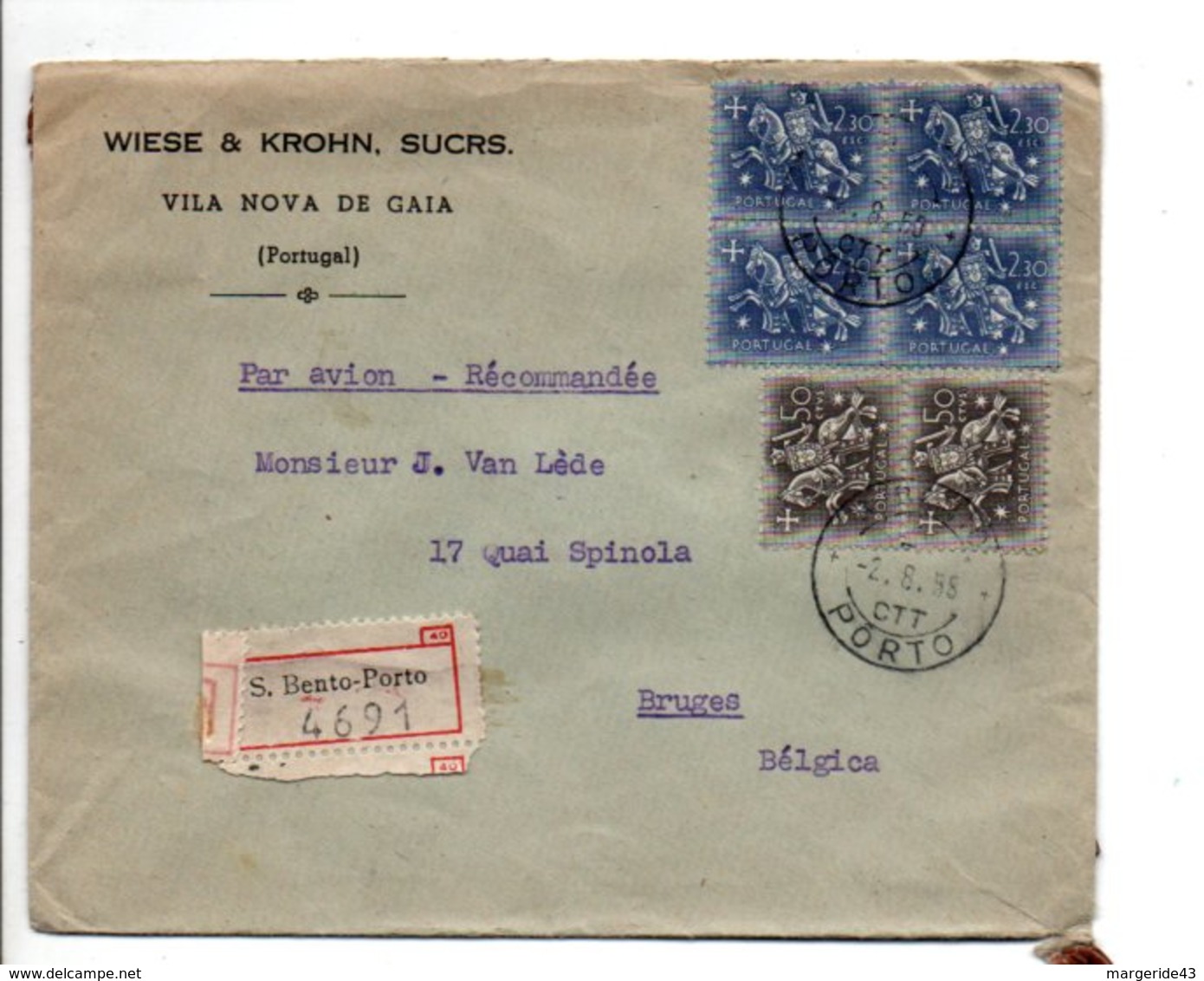 PORTUGAL AFFRANCHISSEMENT COMPOSE SUR LETTRE A EN TETE RECOMMANDE DE BENTO-PORTO POUR LA FRANCE 1958 - Lettres & Documents