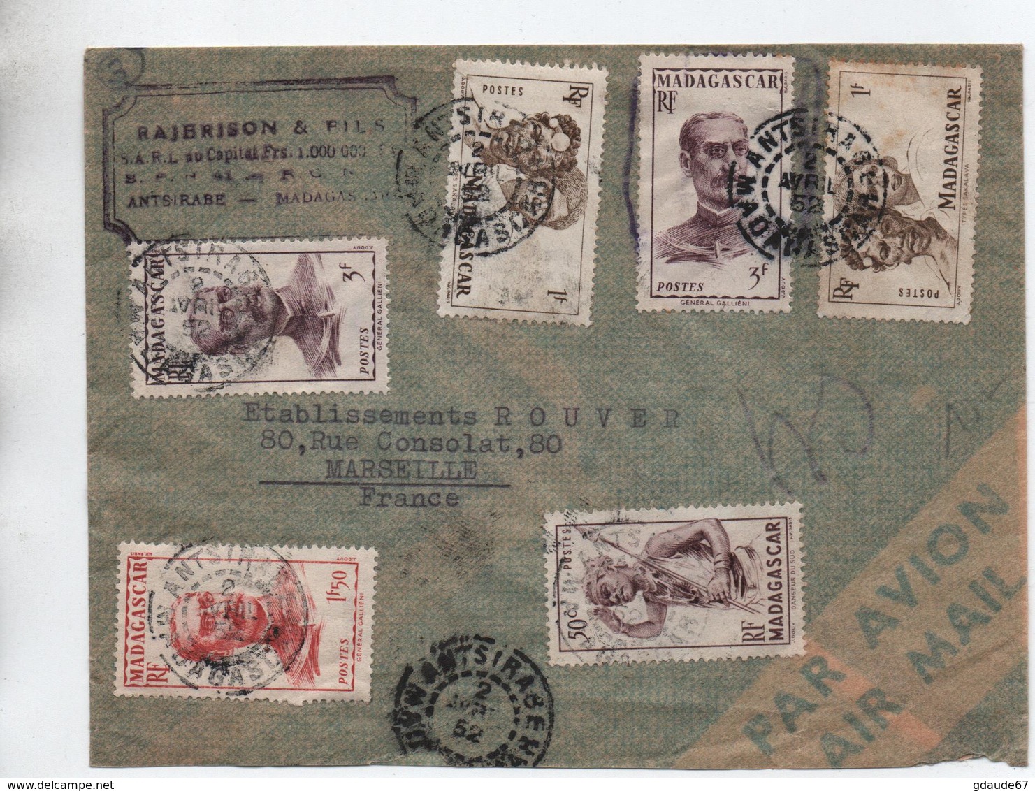 1952 - ENVELOPPE PAR AVION De ANTSIRABE (MADAGASCAR) - Storia Postale