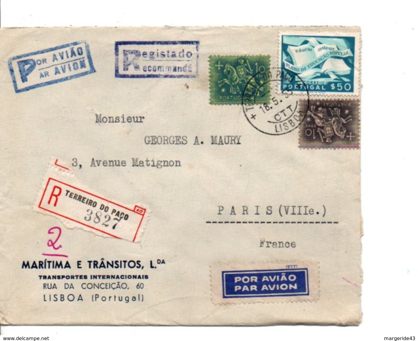 PORTUGAL AFFRANCHISSEMENT COMPOSE SUR LETTRE AVION RECOMMANDEE DE TERREIRO DO PÄCO POUR LA FRANCE 1955 - Lettres & Documents