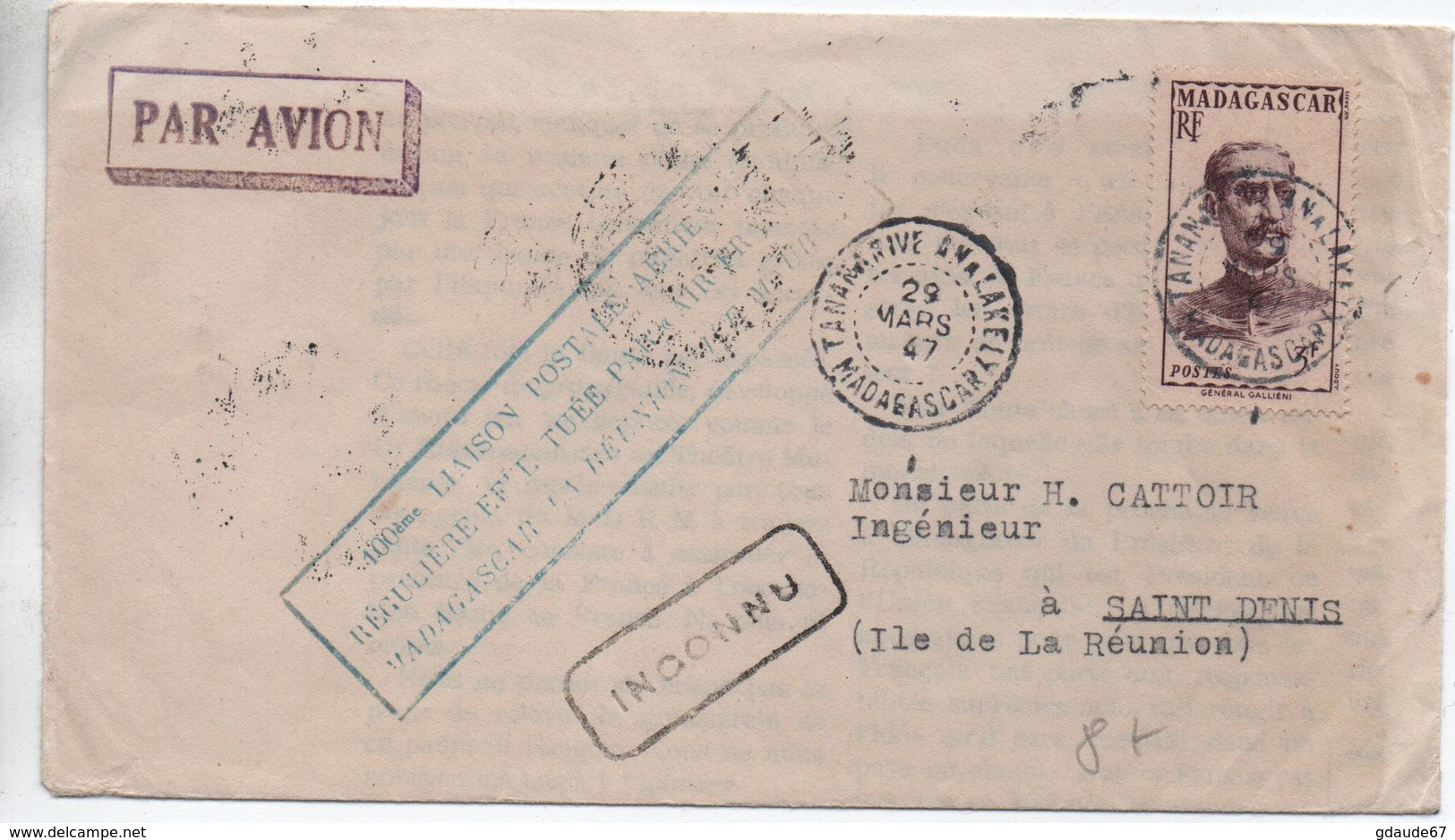 1947 - ENVELOPPE PAR AVION De TANANARIVE Avec CACHET "100° LIAISON POSTALE AERIENNE MADAGASCAR REUNION ILE MAURICE" - Cartas & Documentos