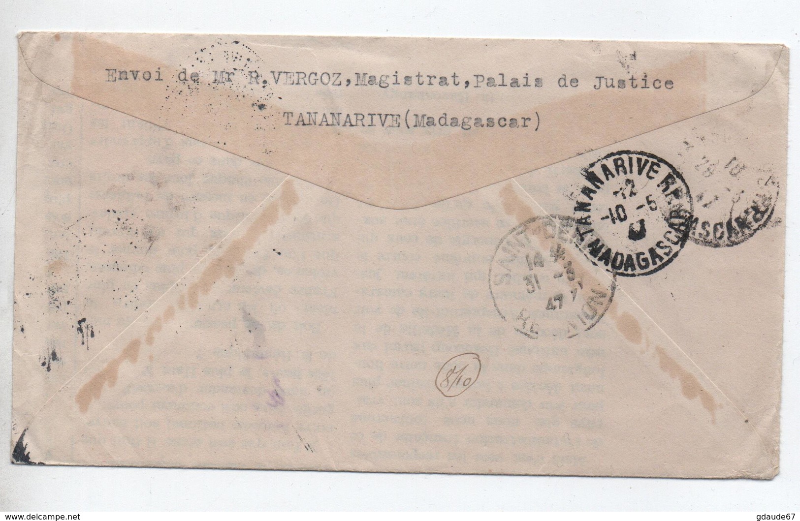 1947 - ENVELOPPE PAR AVION De TANANARIVE Avec CACHET "100° LIAISON POSTALE AERIENNE MADAGASCAR REUNION ILE MAURICE" - Brieven En Documenten