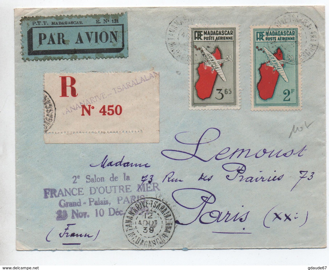 1939 - ENVELOPPE PAR AVION RECOMMANDEE De TANANARIVE TSARALALAN (MADAGASCAR) - Lettres & Documents