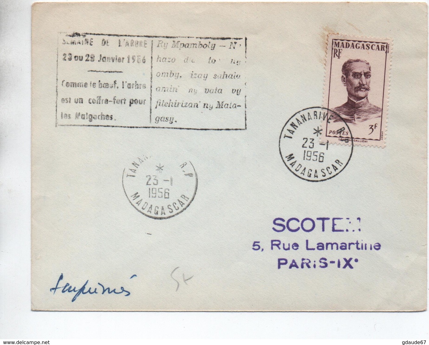 1956 - ENVELOPPE De TANANARIVE (MADAGASCAR) Avec CACHET "SEMAINE DE L'ARBRE 1956" - Brieven En Documenten