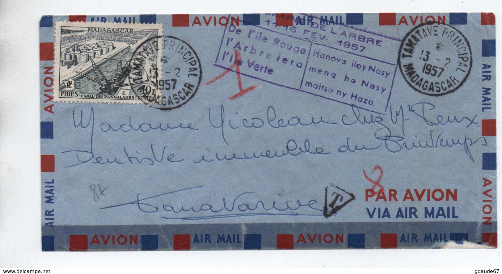 1957 - ENVELOPPE De TAMATAVE (MADAGASCAR) Avec CACHET "SEMAINE DE L'ARBRE 1957" -> TAXE - Cartas & Documentos