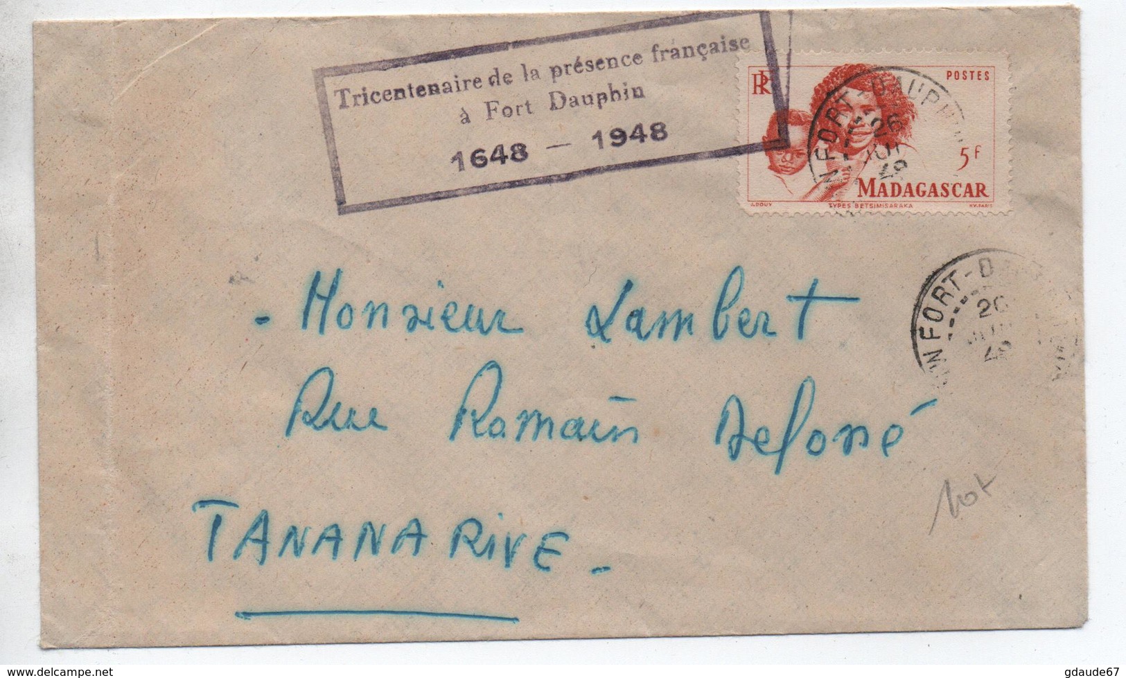 1948 - ENVELOPPE De FORT DAUPHIN (MADAGASCAR) Avec CACHET "TRICENTENAIRE DE LA PRESENCE FRANCAISE A FORT DAUPHIN 1648" - Lettres & Documents