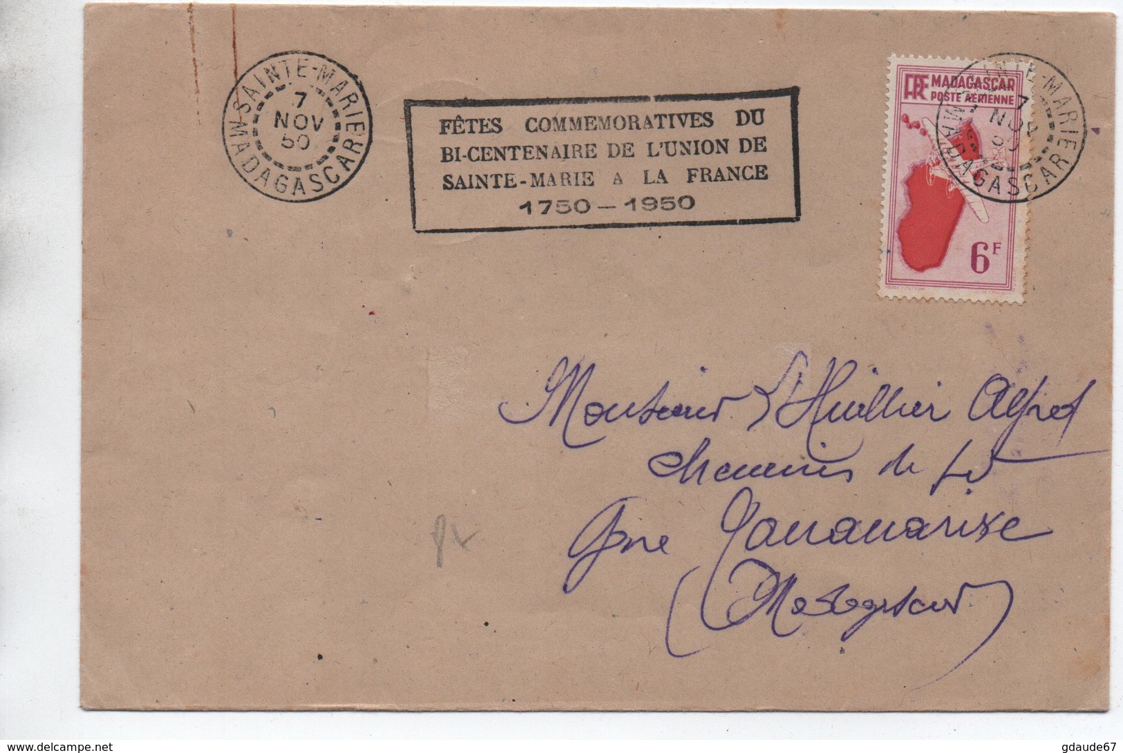 1950 - ENVELOPPE De SAINTE MARIE (MADAGASCAR) Avec CACHET "FETES COMMEMORATIVES DU BI CENTENAIRE DE L'UNION A STE MARIE" - Brieven En Documenten