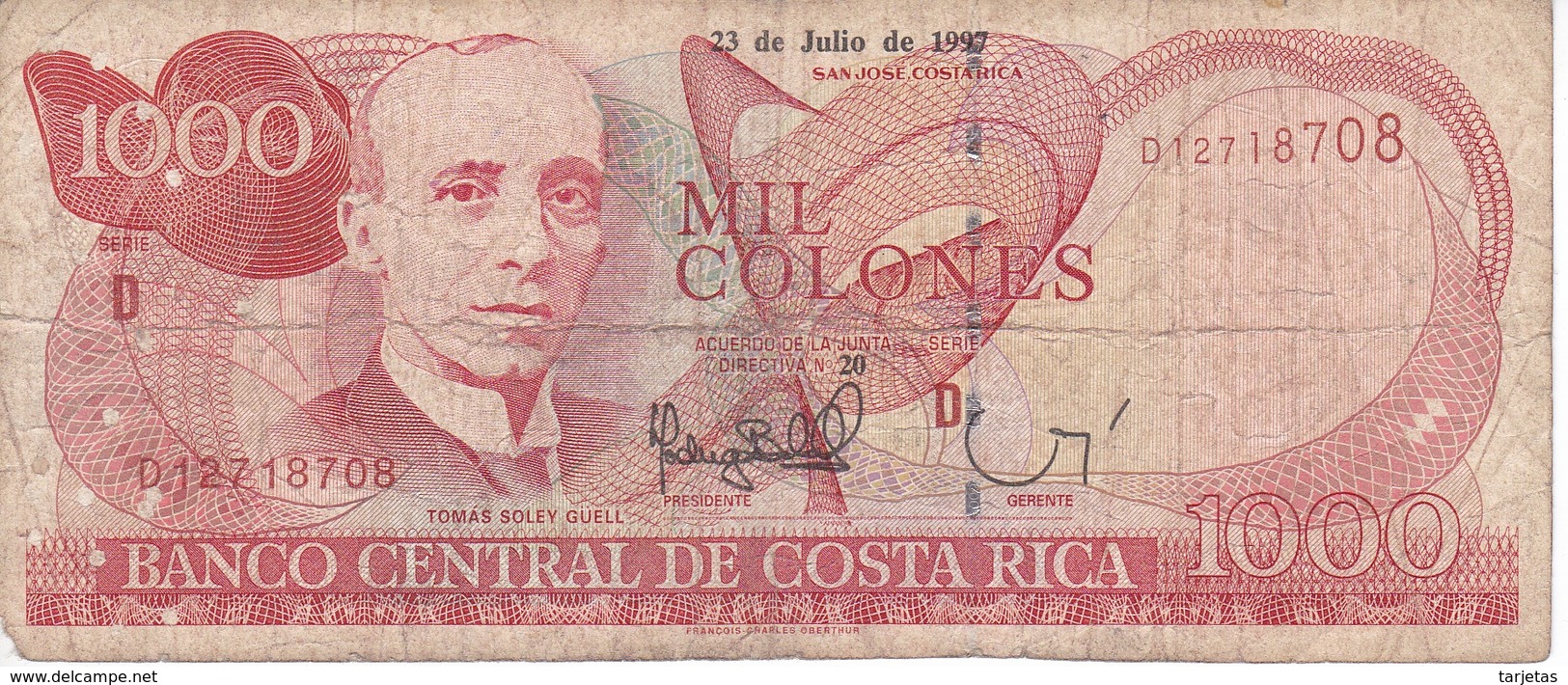 BILLETE DE COSTA RICA DE 1000 COLONES AÑO 1997 SERIE D  (BANKNOTE) - Costa Rica