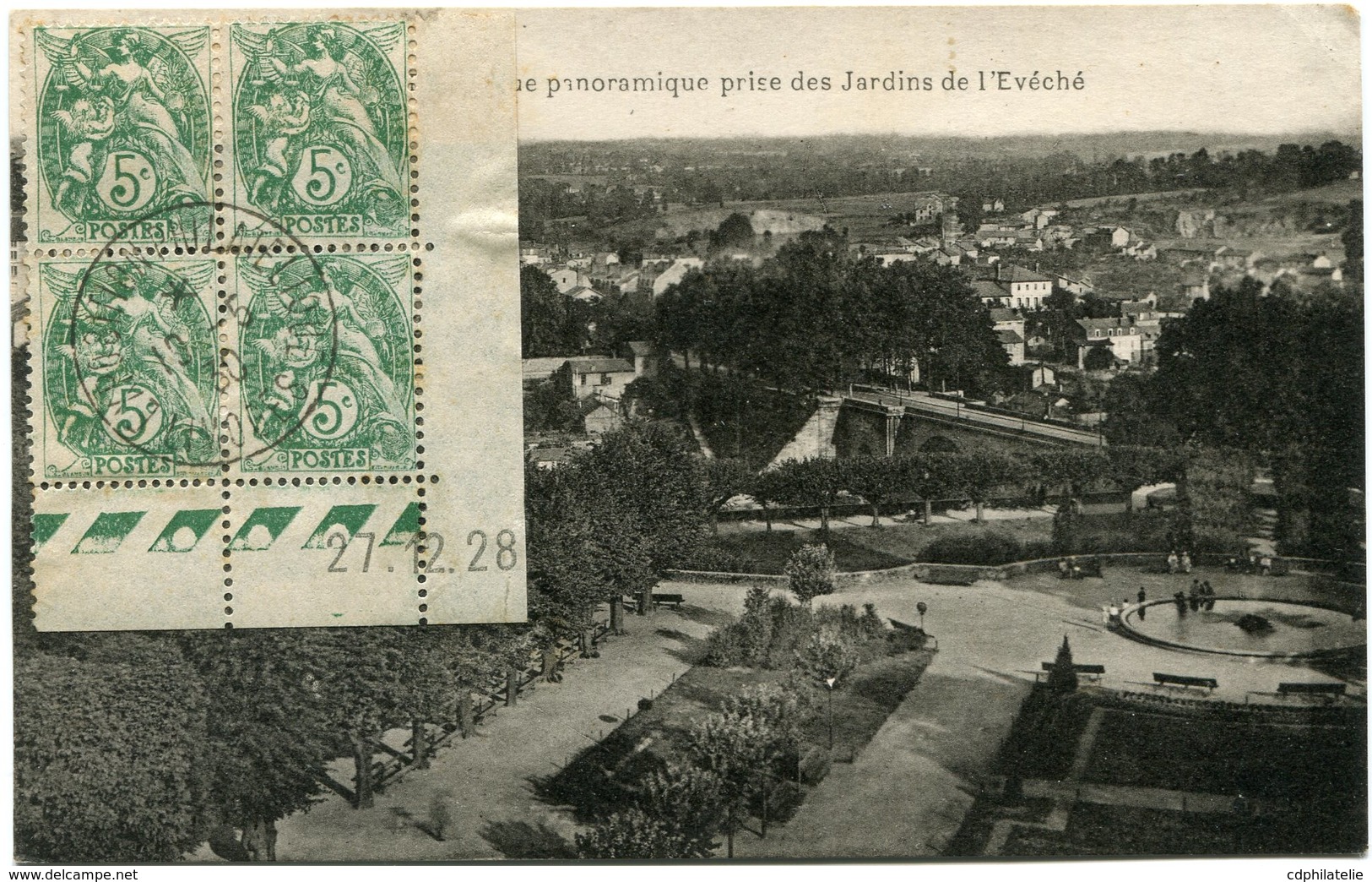 FRANCE CARTE POSTALE AFFRANCHIE AVEC LE N°111 EN BLOC DE 4 DATE DU 27-12-28 DEPART EXPOSITION........... 19-5-30 LIMOGES - 1900-29 Blanc