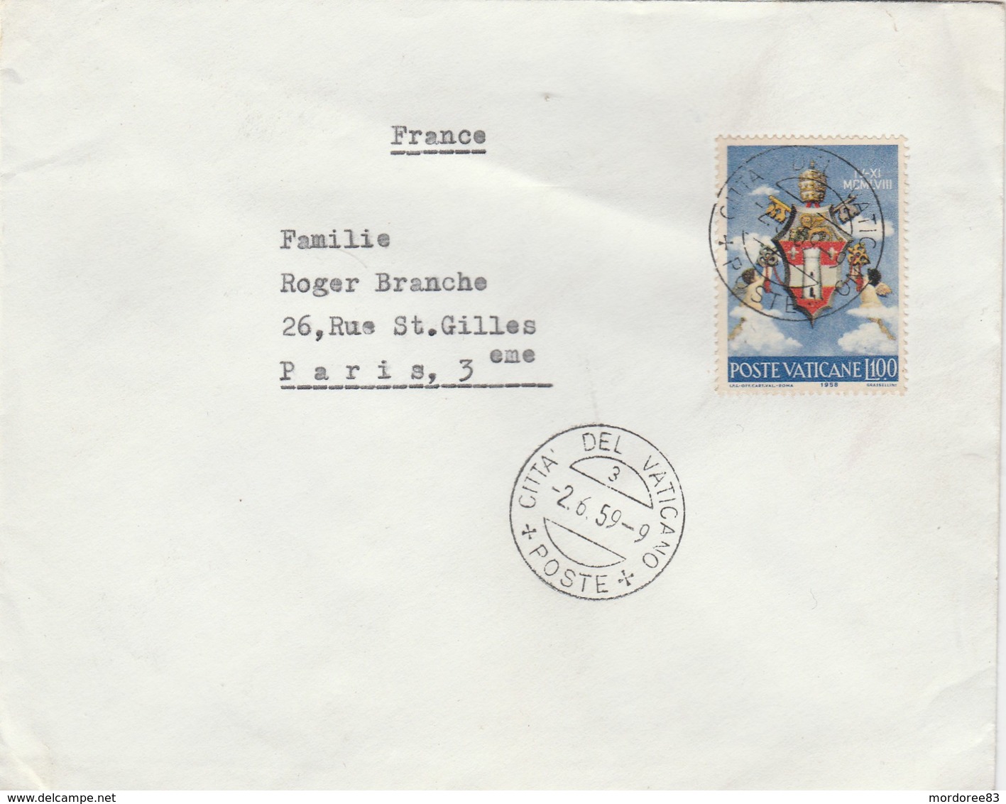 VATICAN YT 271 - MI 306 SEUL SUR LETTRE 2/6/59 POUR PARIS - Lettres & Documents