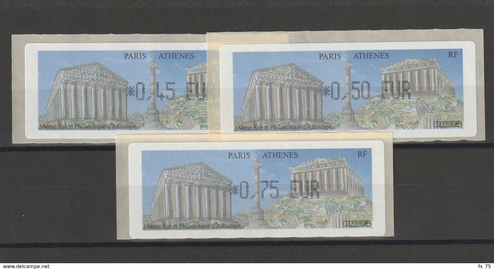 FRANCE - 3 VIGNETTES 0,45€, 0,50 €  ET 0,75€ - PARIS - ATHENES - 58EME SALON PHILATELIQUE D'AUTOMNE 2004 - 1999-2009 Illustrated Franking Labels