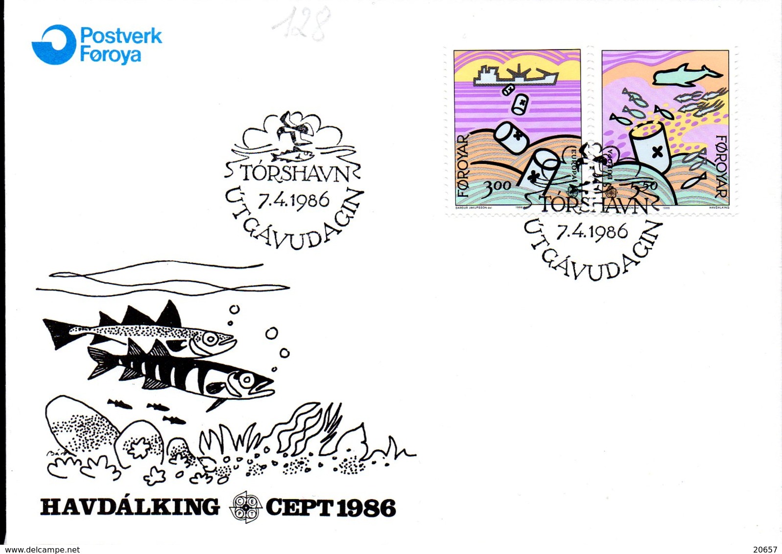 DANMARK Foroyar 0128/29 Fdc Europa Polution , Dauphin , Maquereau , Truite - 1986