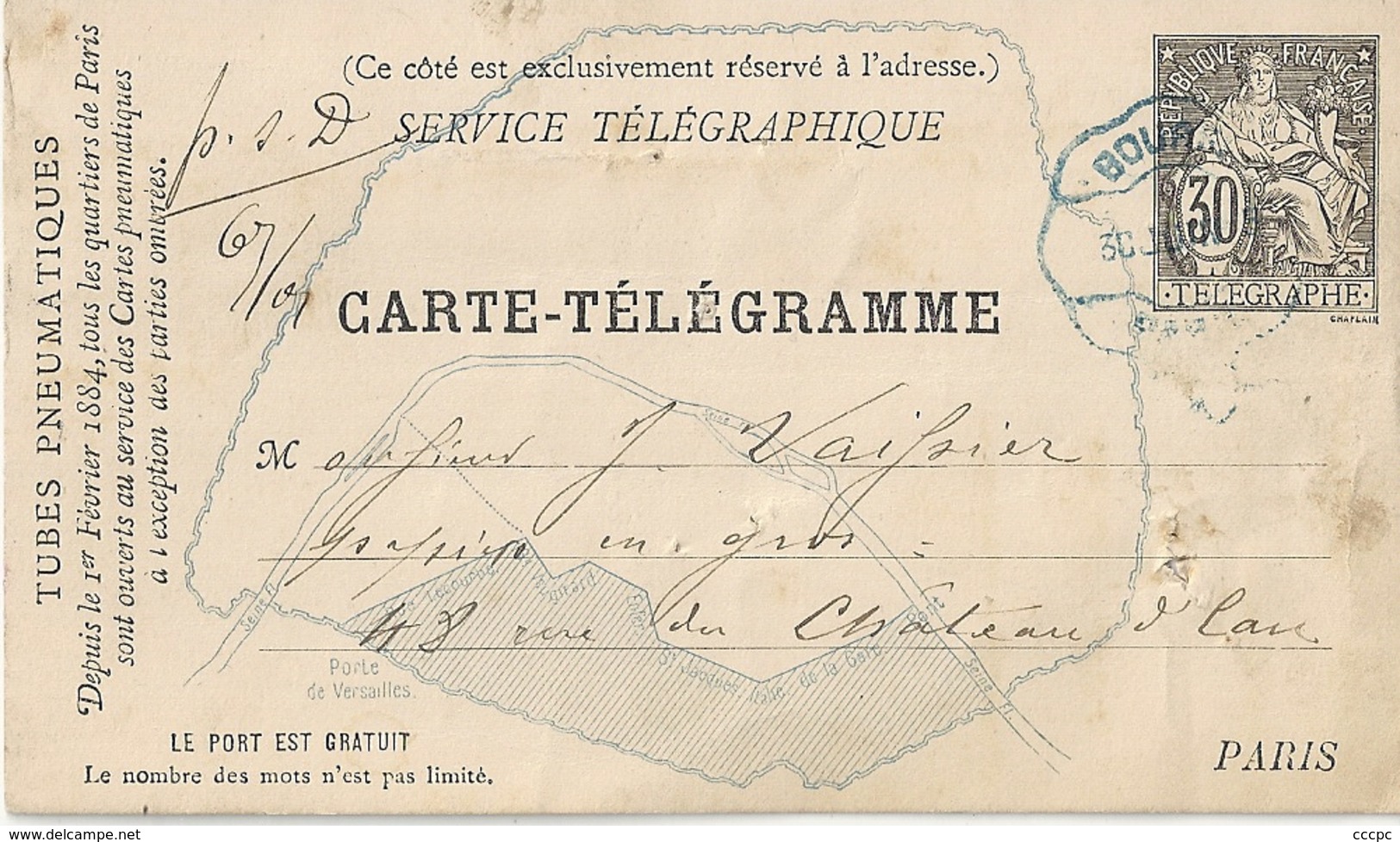 Carte Télégramme Entier Postal Type Chaplain - Pneumatic Post