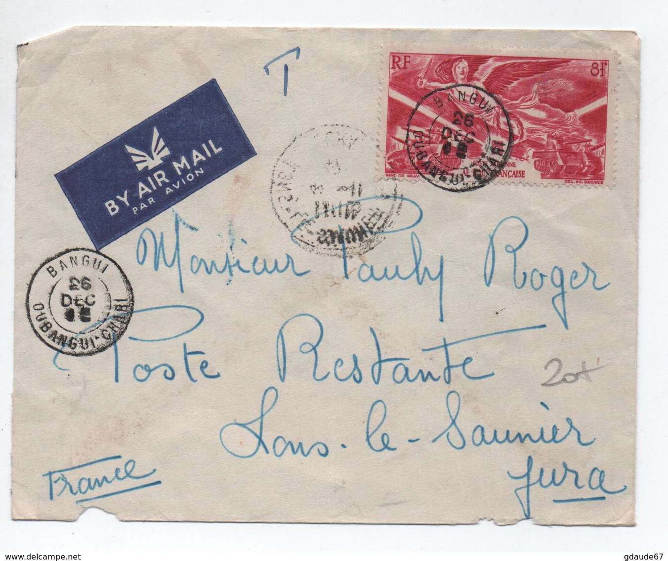 1947 - ENVELOPPE PAR AVION De BANGUI (OUBANGUI CHARI) Pour LONS LE SAUNIER (JURA) - Lettres & Documents