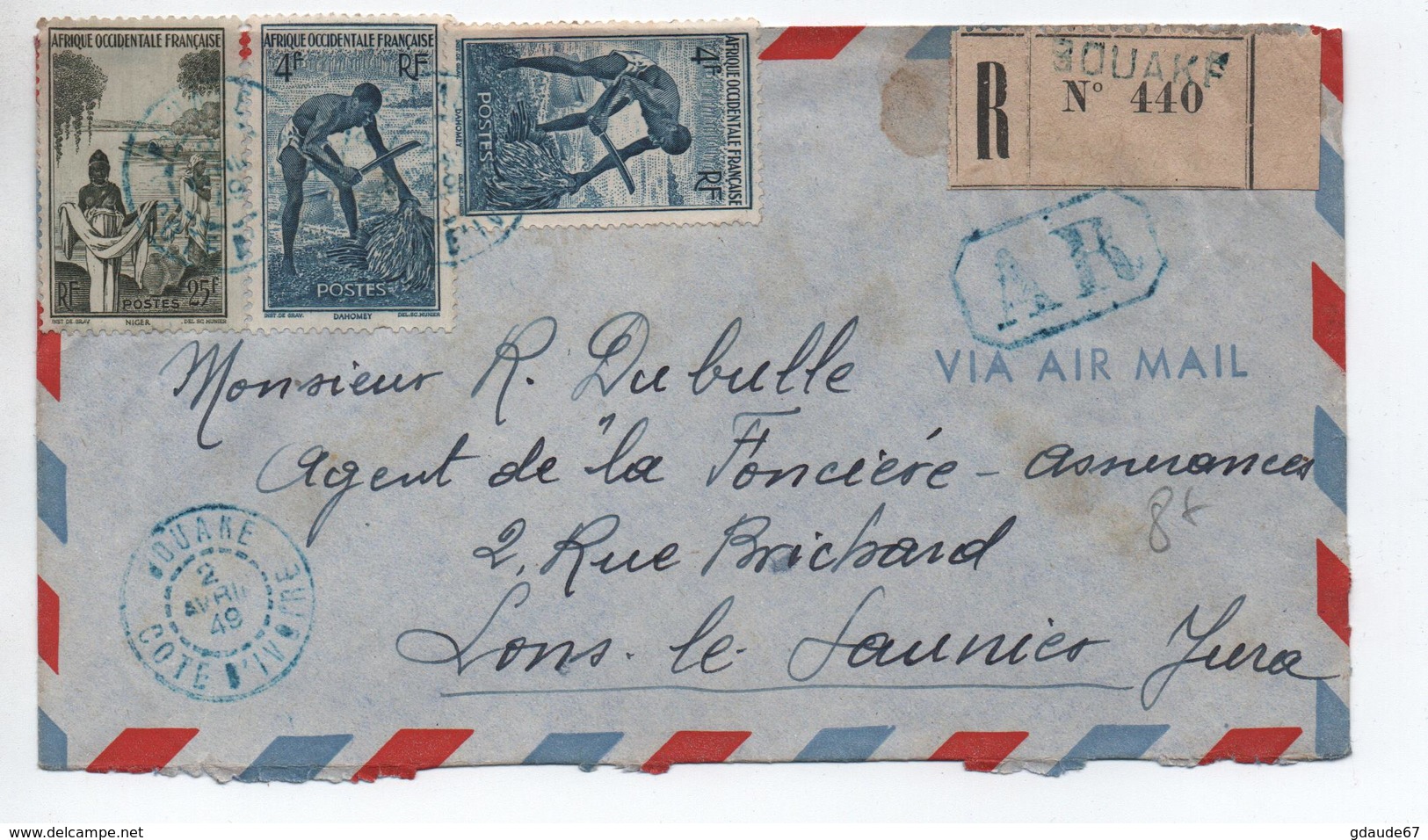 1949 - ENVELOPPE RECOMMANDE De BOUAKE (COTE D'IVOIRE) Pour LONS LE SAUNIER (JURA) - Lettres & Documents