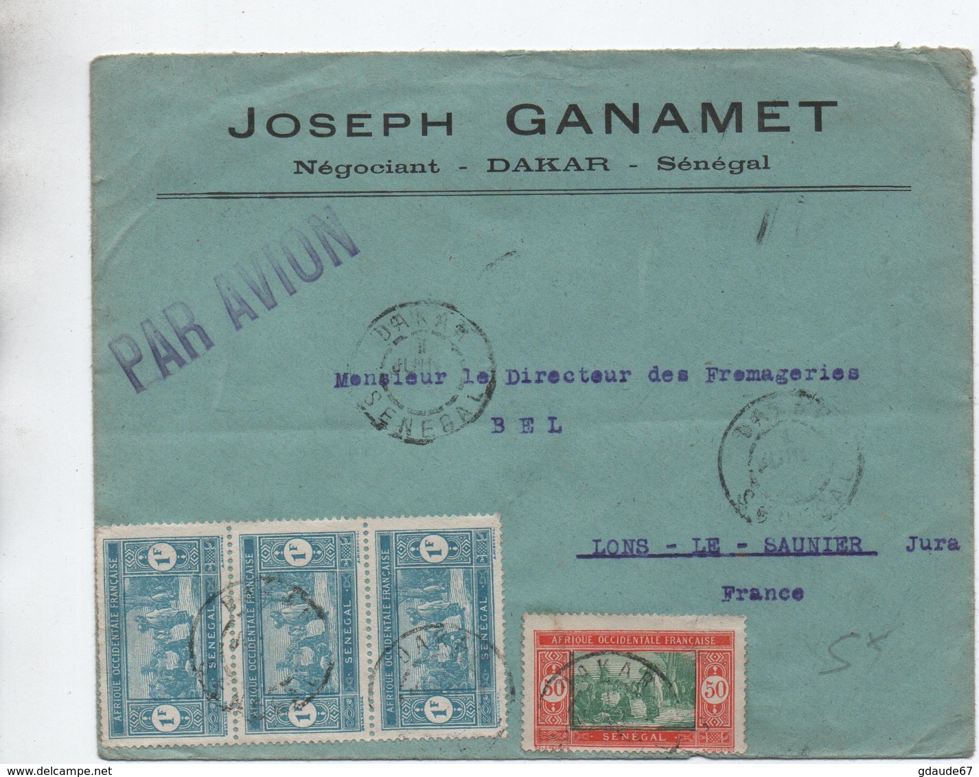 ENVELOPPE COMMERCIALE De DAKAR (SENEGAL) Pour LONS LE SAUNIER (JURA) - Cartas & Documentos