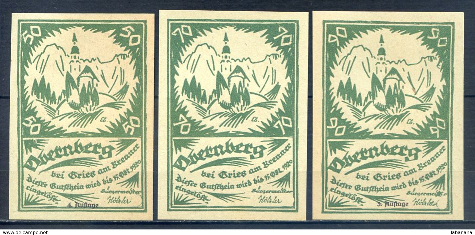 494-Obernberg Am Brenner Billets De 50,70 Et 90h 1920 Verts - Autriche