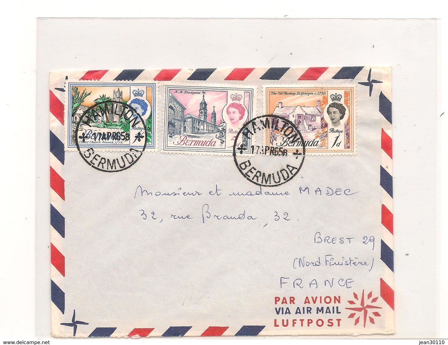 1965 ENVELOPPE DE HAMILTON  (BERMUDES) POUR BREST - Bermudes