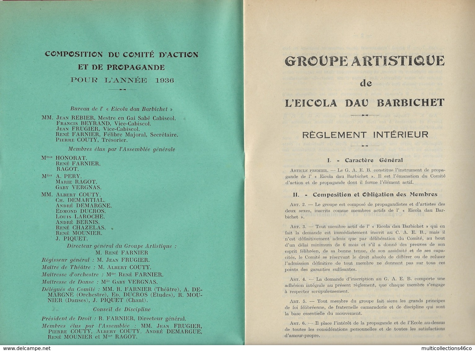 300320 - Livret 1935 GROUPE ARTISTIQUE DE L' EICOLA DAU BARBICHET - Règlement Intérieur FELIBRIGE Langue D'oc - Livres Anciens