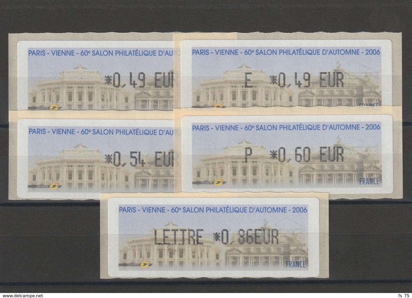 FRANCE - 5 VIGNETTES 0,49€, E. 0,49€, 0,54€, 0,60€ ET 0,86€ - PARIS - VIENNE - 60EME SALON PHILATELIQUE D'AUTOMNE 2006 - 1999-2009 Geïllustreerde Frankeervignetten