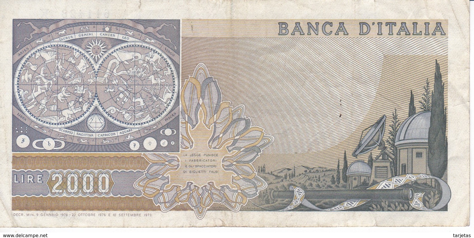 BILLETE DE ITALIA DE 2000 LIRAS DEL AÑO 1976  GALILEO  (BANKNOTE) - 2000 Lire