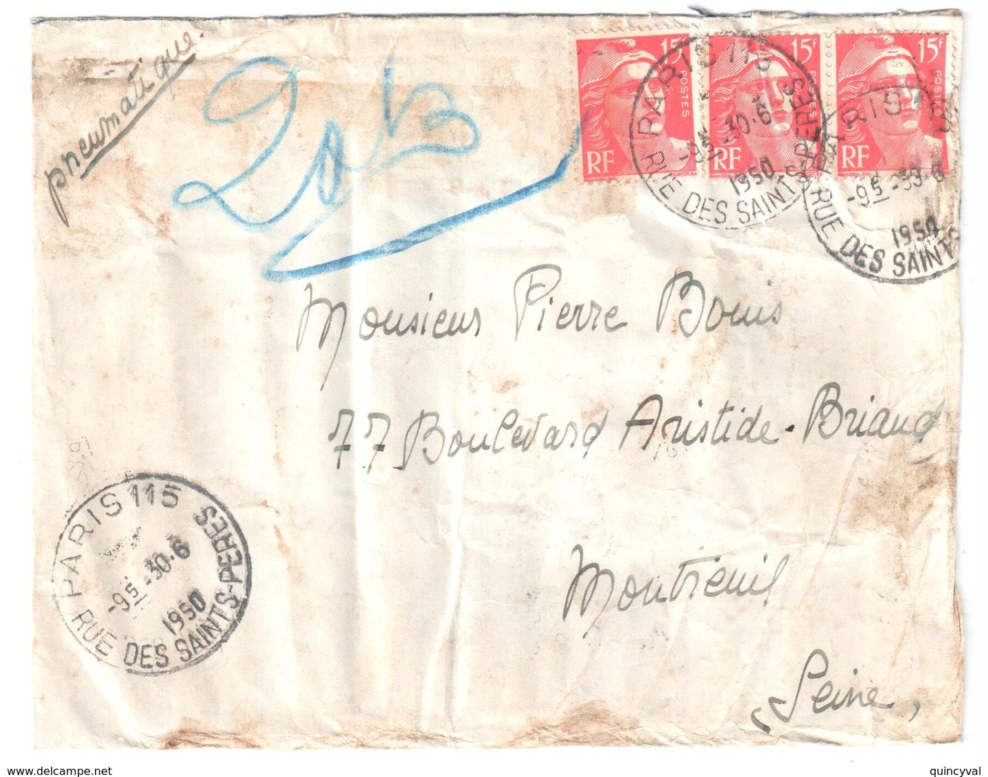 PARIS 115 Rue Des Saints Pères Lettre Pneumatique 15F Gandon Rouge Yv 813 Ob 30 6 1950 Dest Banlieue Montreuil - Covers & Documents