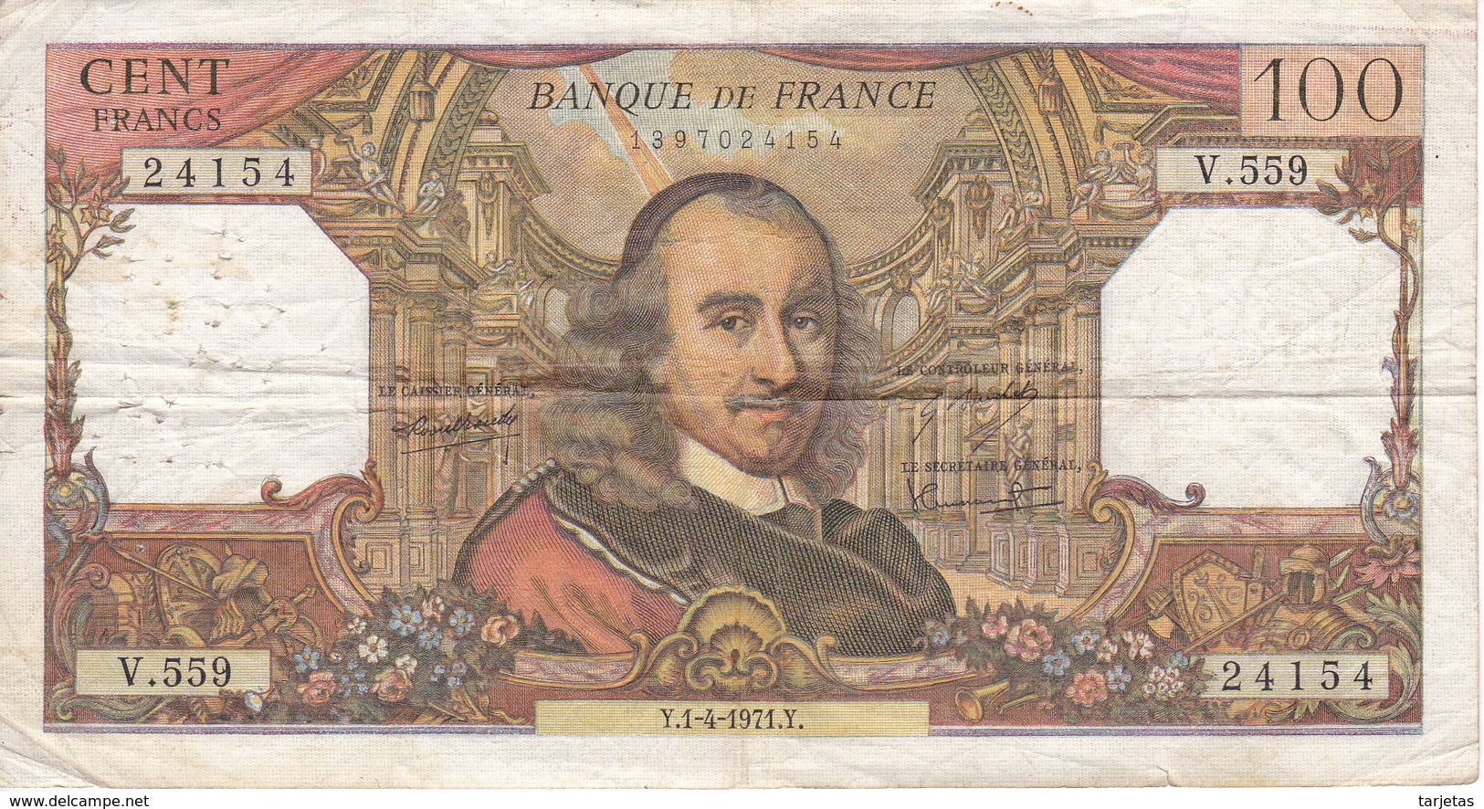 BILLETE DE FRANCIA DE 100 FRANCOS DEL 1-4-1971 CORNEILLE  (BANKNOTE) - 100 F 1964-1979 ''Corneille''