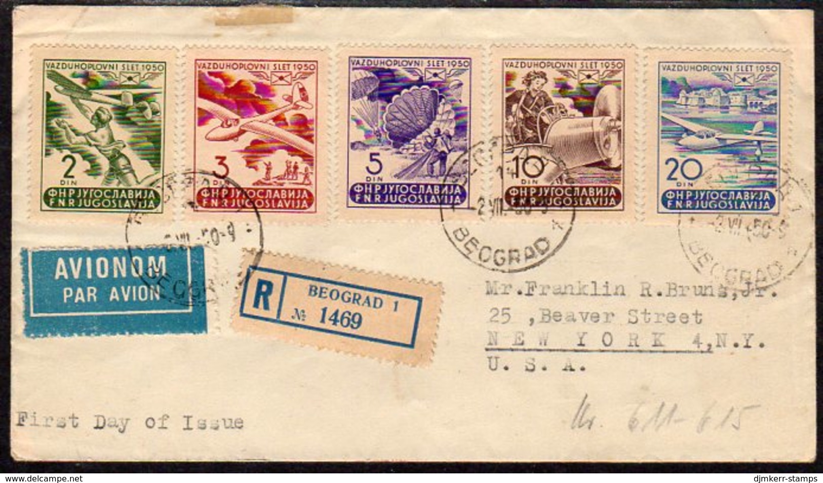 YUGOSLAVIA 1950 Airmail Week, Ruma Set On Registered FDC To New Yprk.  Michel 611-15 - FDC