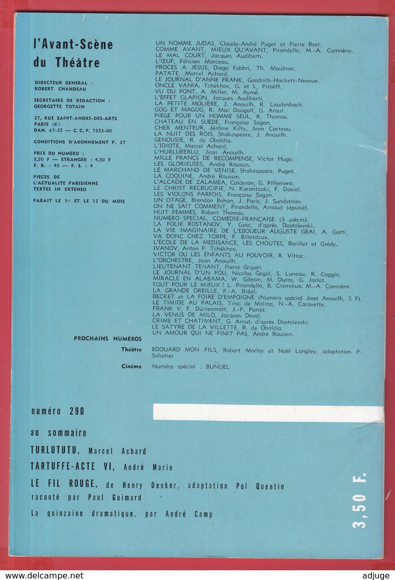 Revue L'Avant-Scène THEATRE N° 290 *1963*TURLUTUTU -Robert Lamoureux, Anna Gaylor* SUP * Voir Scanns - Auteurs Français