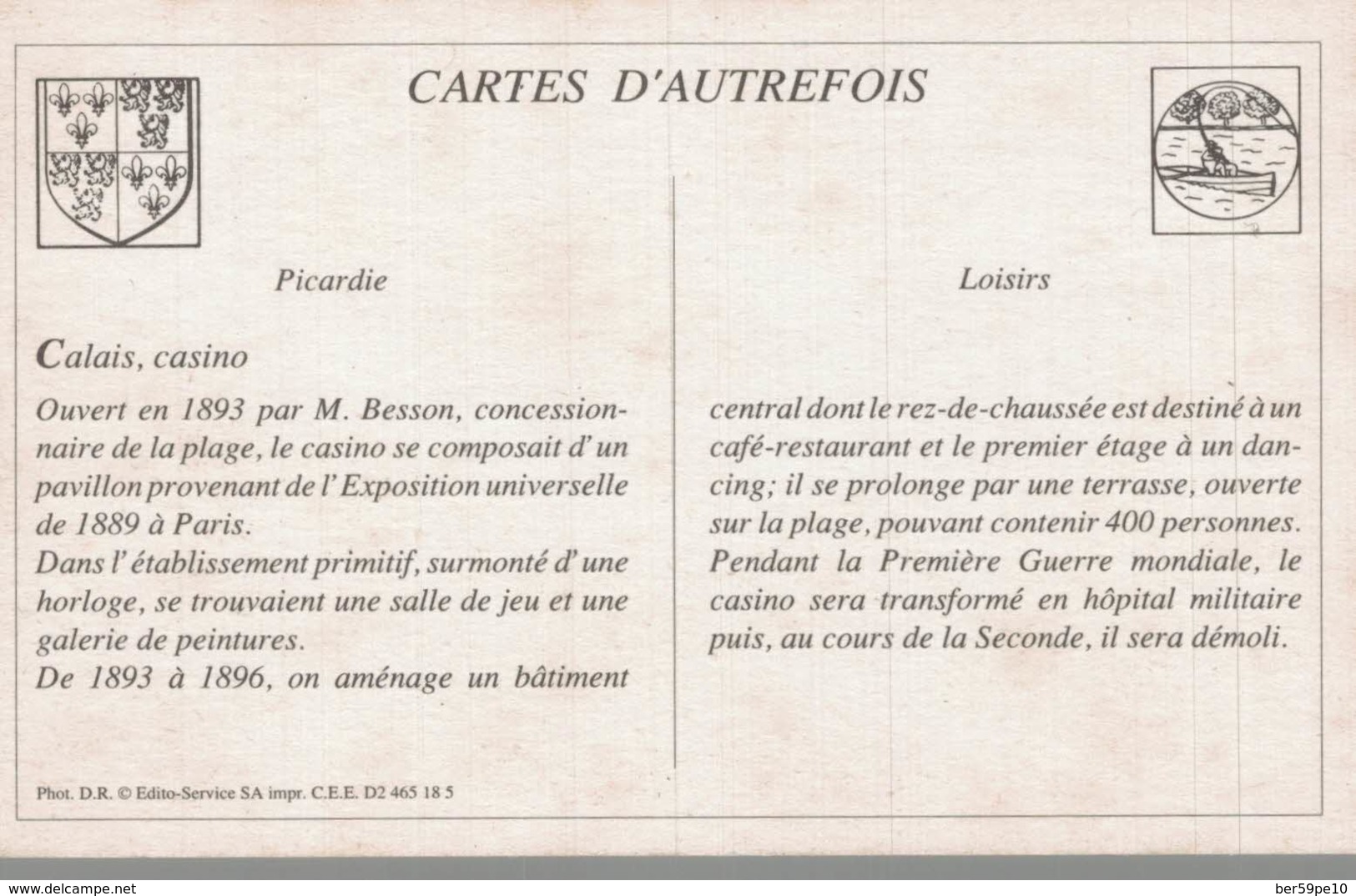 CARTES D'AUTREFOIS  LOISIRS  PICARDIE  CALAIS CASINO - Picardie