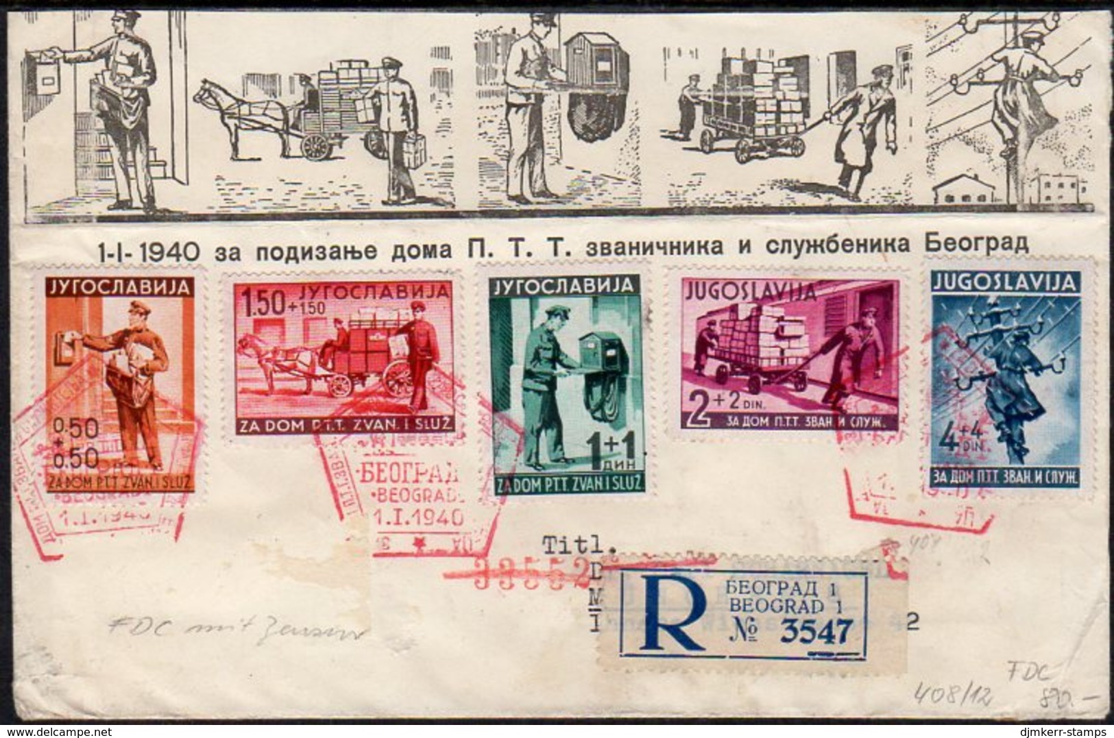 YUGOSLAVIA 1940 Belgrade PTT Employees Home On Registered FDC.  Michel 408-12 - FDC