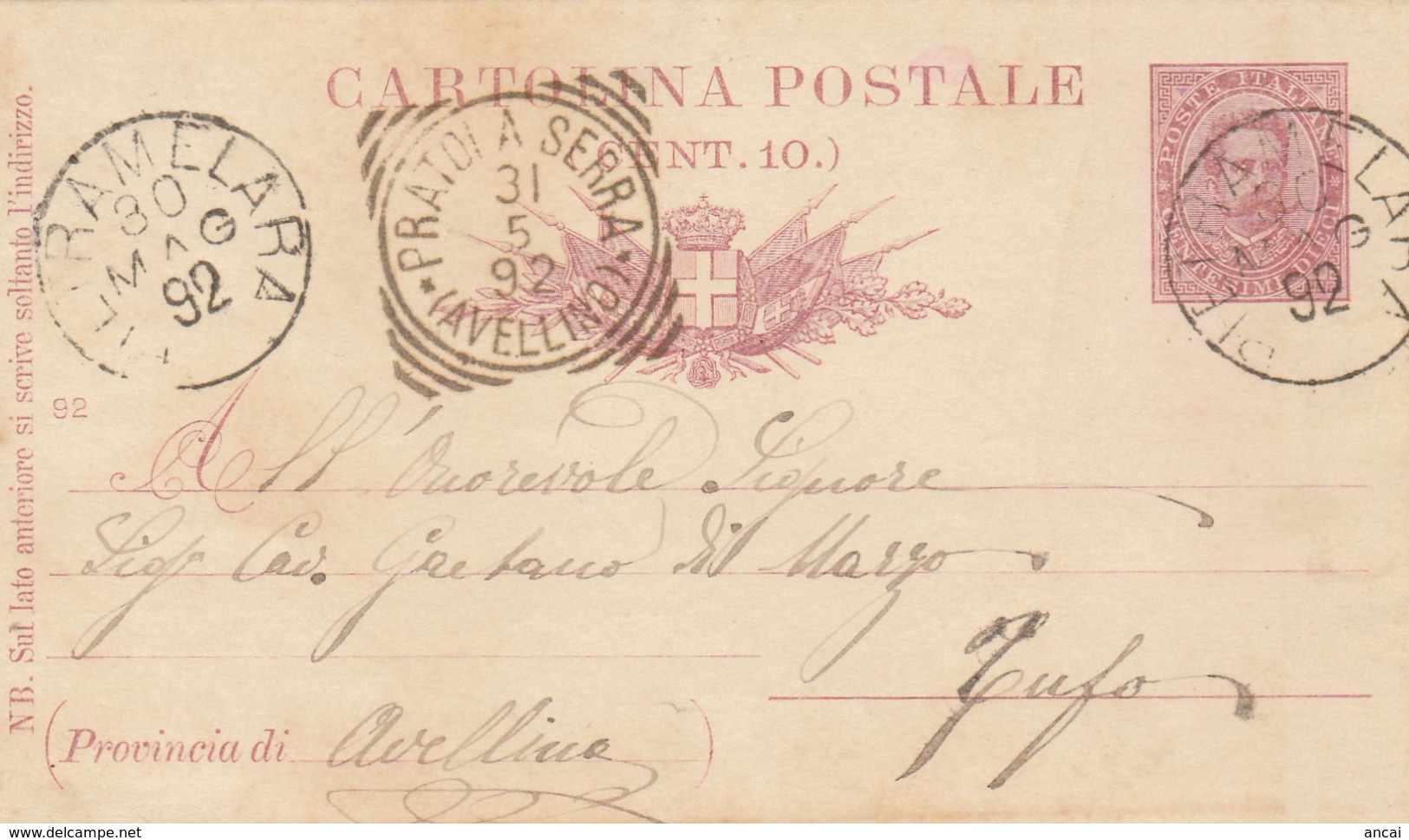 Pietramelara. 1892. Annullo Grande Cerchio PIETRAMELARA, Su Cartolina Postale - Storia Postale